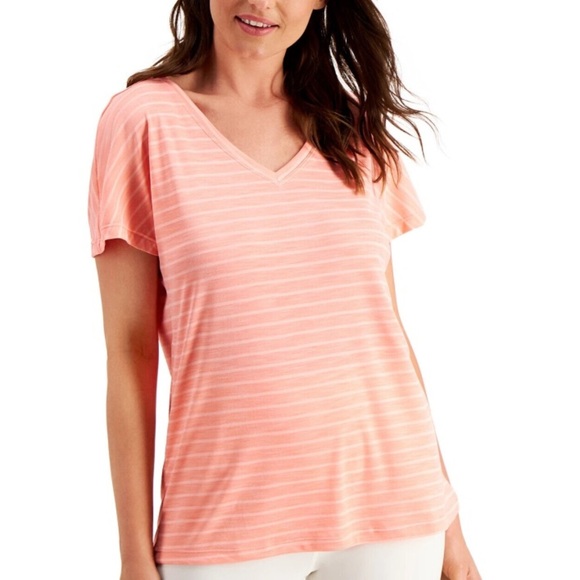Ideology Women's V-Neck Short Sleeve, Shadow Stripe T-Shirt, Peachberry - Picture 1 of 2